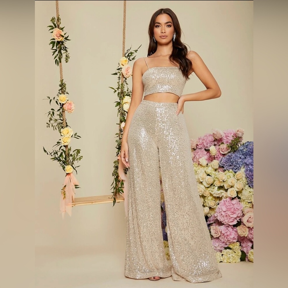 SHEIN BAE Crop Sequin Cami Top & Wide Leg Pants
